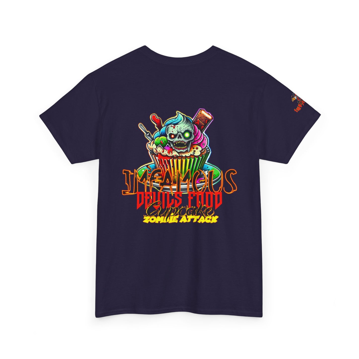 Imfamous Devils Food Cupcake Zombie attack Graphic Tee - Fun Casual Wear, Unisex T-Shirt for Food Lovers, Halloween fun gift