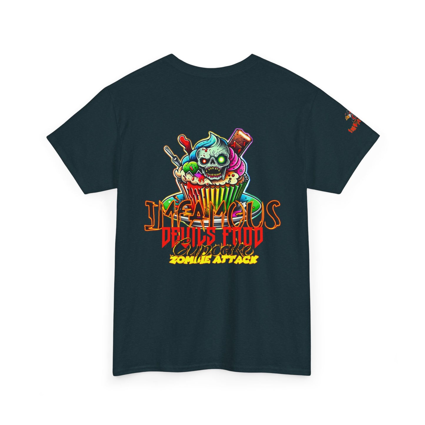 Imfamous Devils Food Cupcake Zombie attack Graphic Tee - Fun Casual Wear, Unisex T-Shirt for Food Lovers, Halloween fun gift