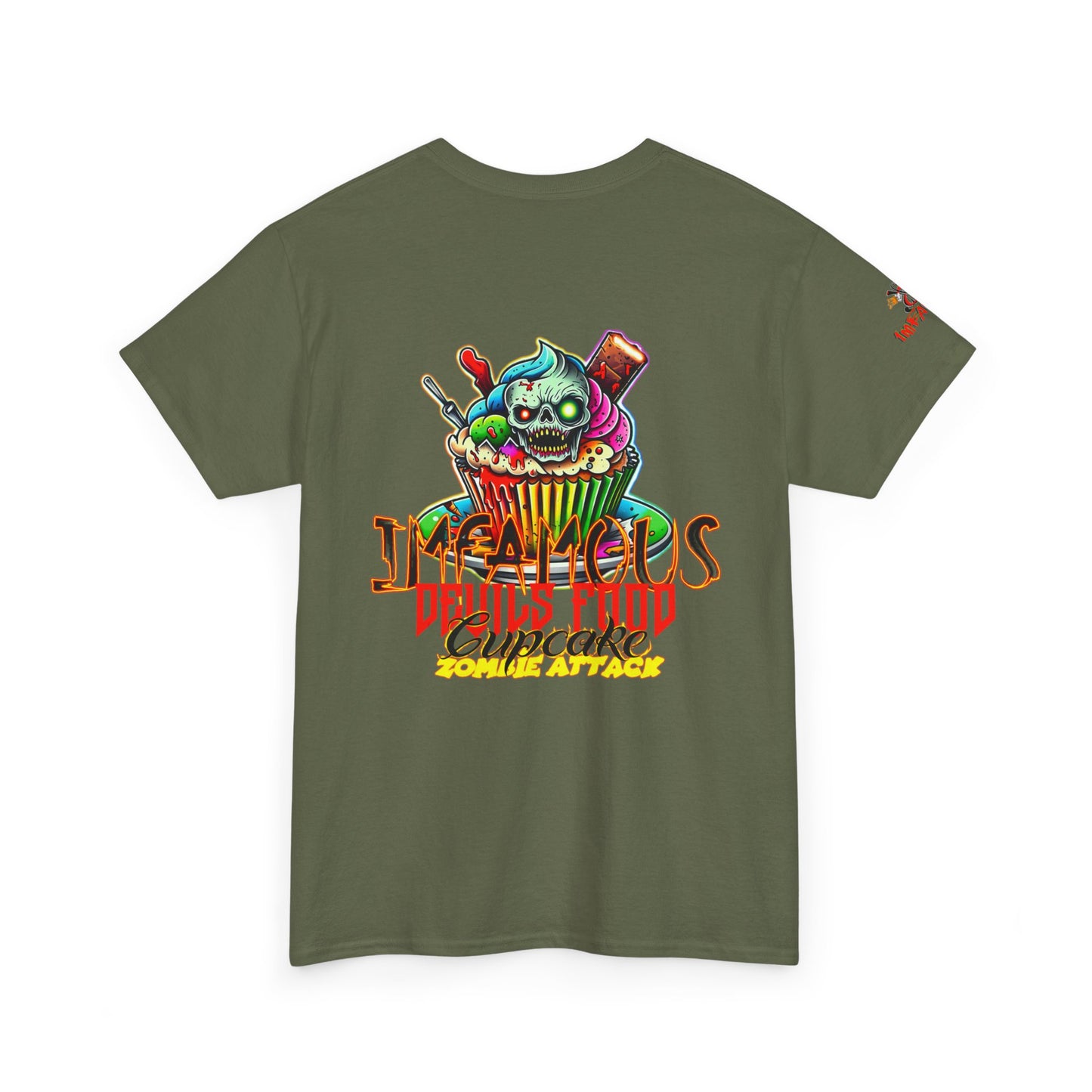 Imfamous Devils Food Cupcake Zombie attack Graphic Tee - Fun Casual Wear, Unisex T-Shirt for Food Lovers, Halloween fun gift