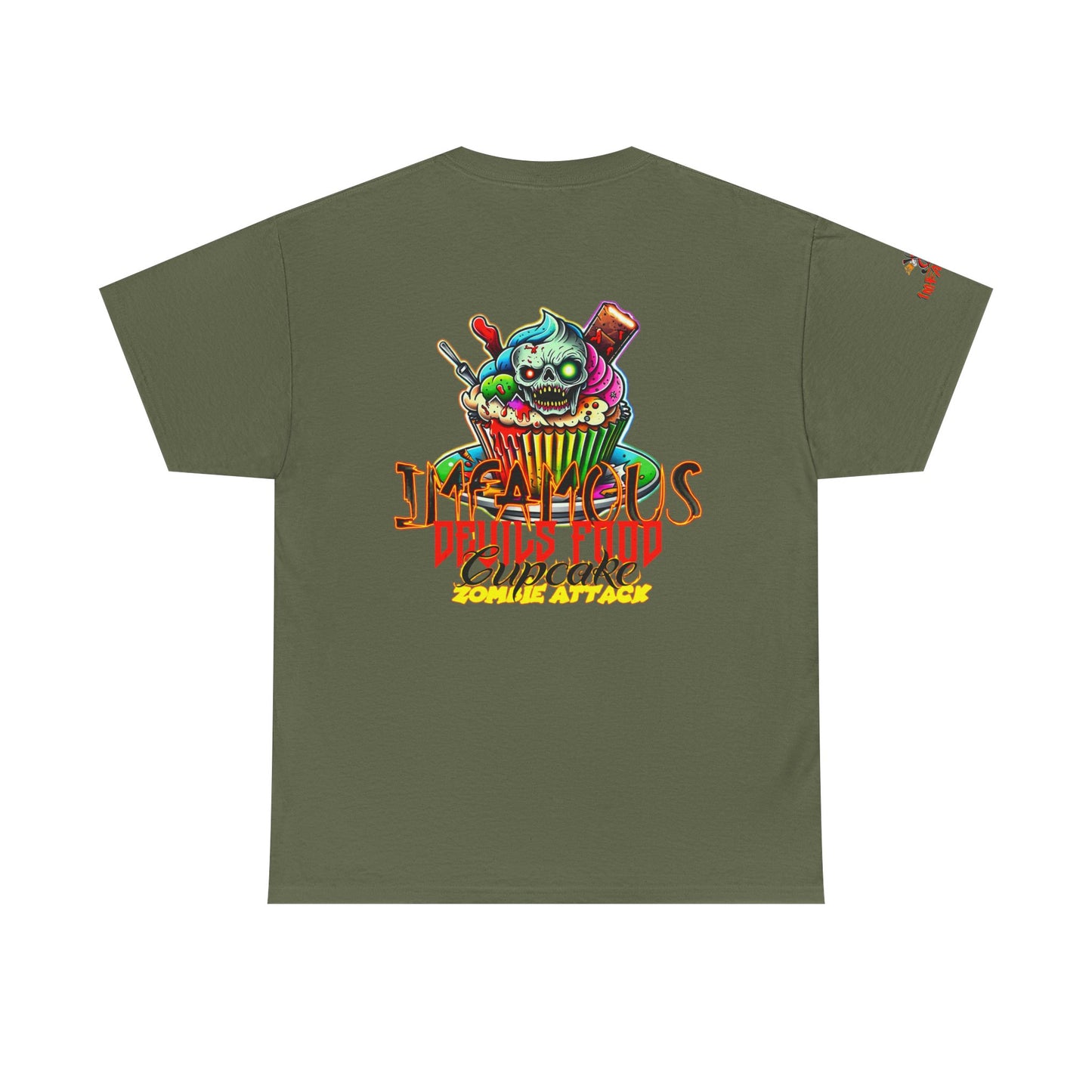 Imfamous Devils Food Cupcake Zombie attack Graphic Tee - Fun Casual Wear, Unisex T-Shirt for Food Lovers, Halloween fun gift