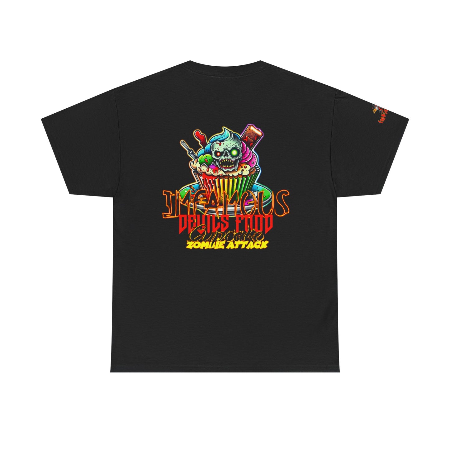 Imfamous Devils Food Cupcake Zombie attack Graphic Tee - Fun Casual Wear, Unisex T-Shirt for Food Lovers, Halloween fun gift