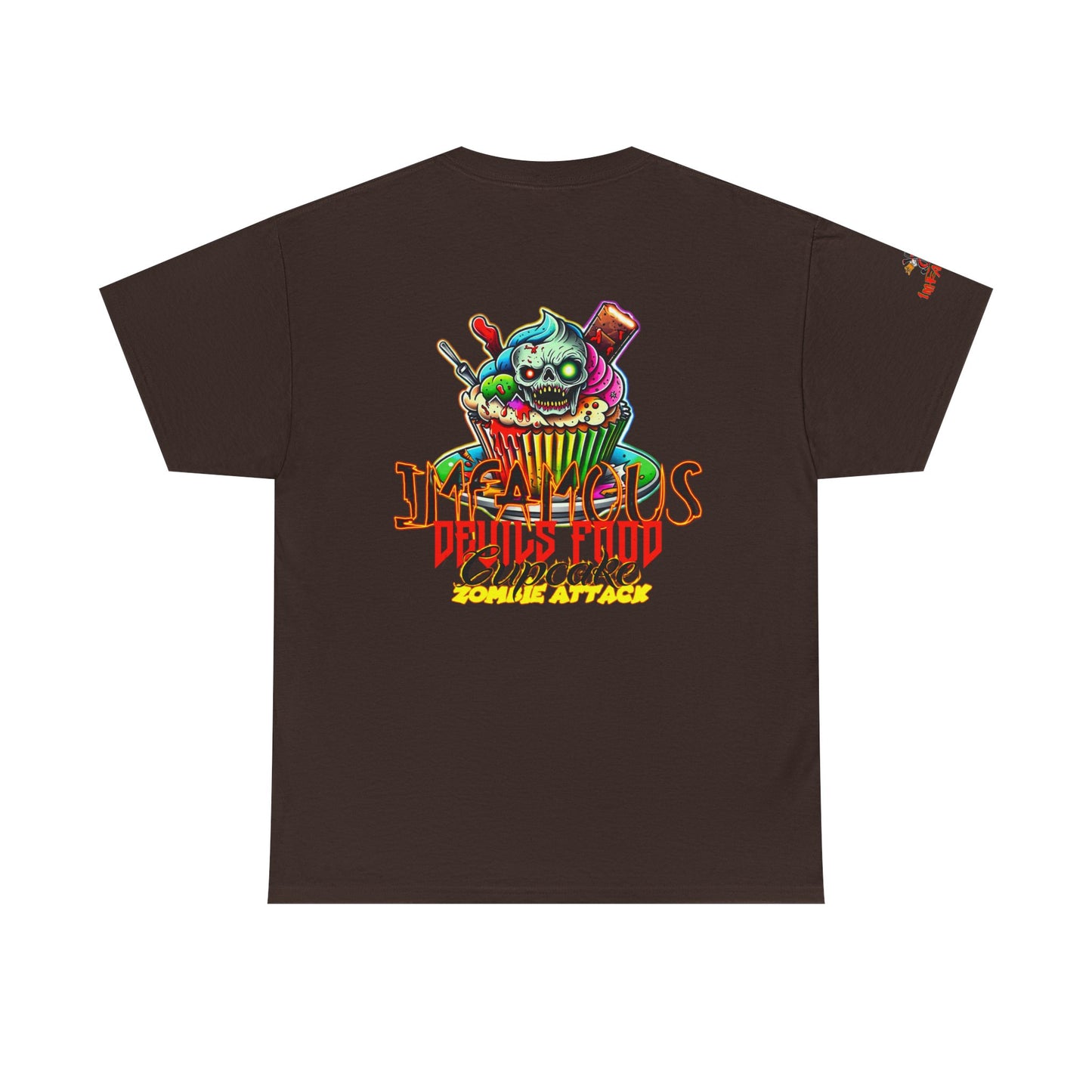 Imfamous Devils Food Cupcake Zombie attack Graphic Tee - Fun Casual Wear, Unisex T-Shirt for Food Lovers, Halloween fun gift