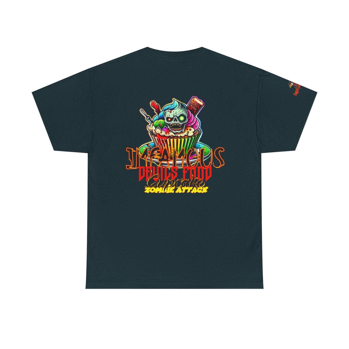 Imfamous Devils Food Cupcake Zombie attack Graphic Tee - Fun Casual Wear, Unisex T-Shirt for Food Lovers, Halloween fun gift